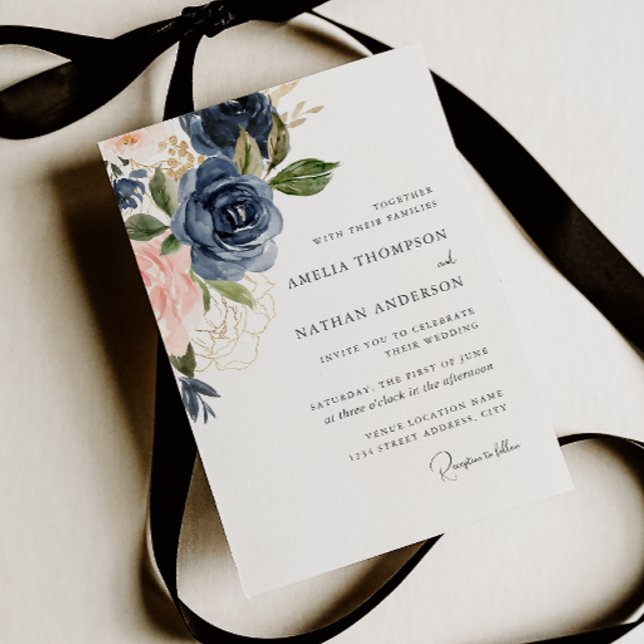 Invitation Mariage Floral Botanique Navy Blush (Créateur téléchargé)