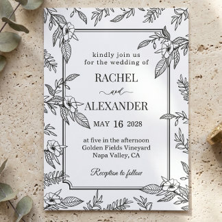 Invitation Mariage floral botanique noir et blanc élégant I