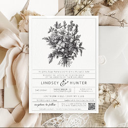 Invitation Mariage Floral Botanique Noir et Blanc Vintage
