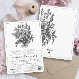 Invitation Mariage Floral Botanique Noir et Blanc Vintage