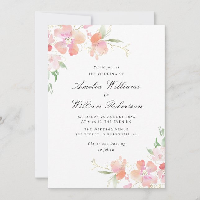 Invitation mariage floral botanique or et rose (Devant)