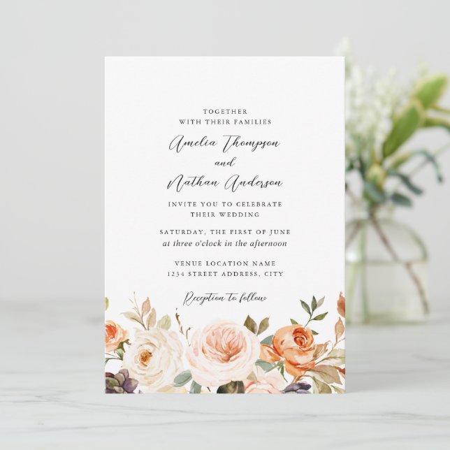 Invitation Mariage Floral Botanique Orange Brûlé Rustique (Debout devant)