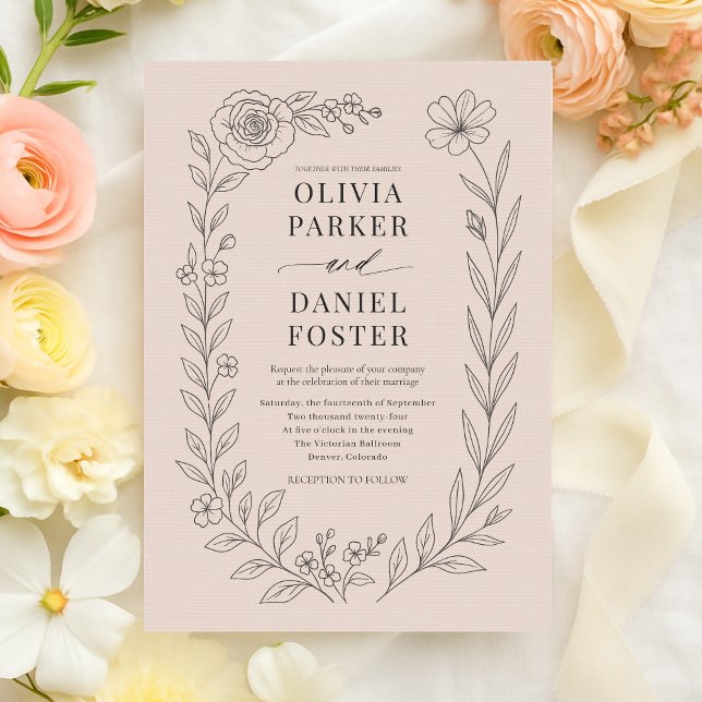 Invitation Mariage Floral Botanique Rose Pâle (Créateur téléchargé)
