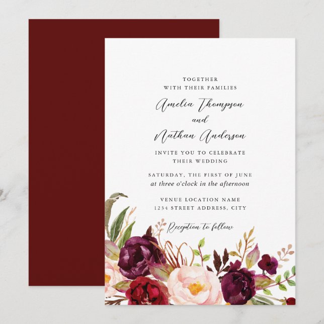 Invitation Mariage Floral Botanique Rustique Bourgogne (Devant / Derrière)