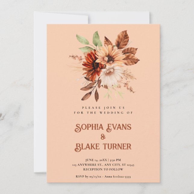 Invitation Mariage Floral Botanique Rustique d'Automne Abrico (Devant)