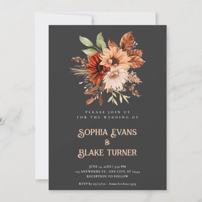 Invitation Mariage Floral Botanique Rustique d'Automne Gris G (Devant)