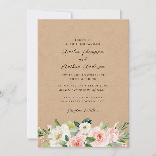 Invitation Mariage Floral Botanique Rustique de Campagne Rose (Devant)