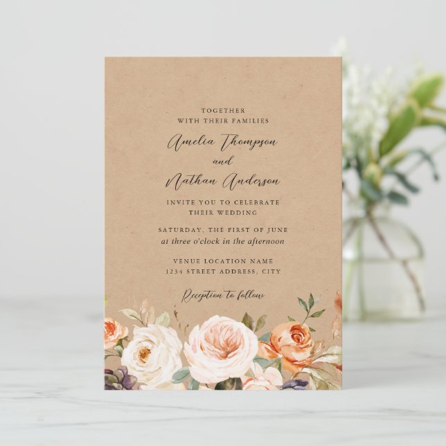 Invitation Mariage Floral Botanique Rustique Orange Brûlé (Debout devant)
