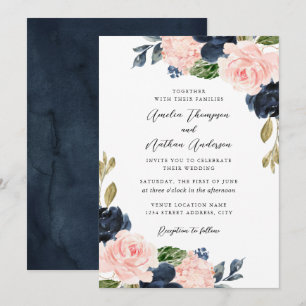 Invitation Mariage Floral Botanique Rustique Rose Navy
