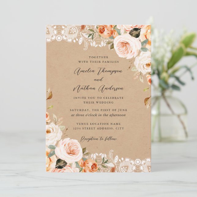 Invitation Mariage Floral Botanique Rustique Rouge Pêche en D (Debout devant)