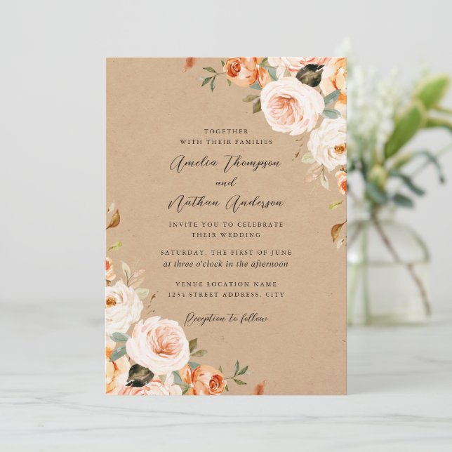 Invitation Mariage Floral Botanique Rustique Teinté de Pêche (Debout devant)