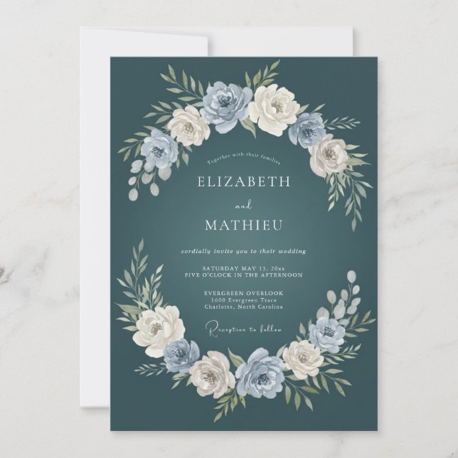 Invitation Mariage floral botanique sarcelle foncée (Devant)