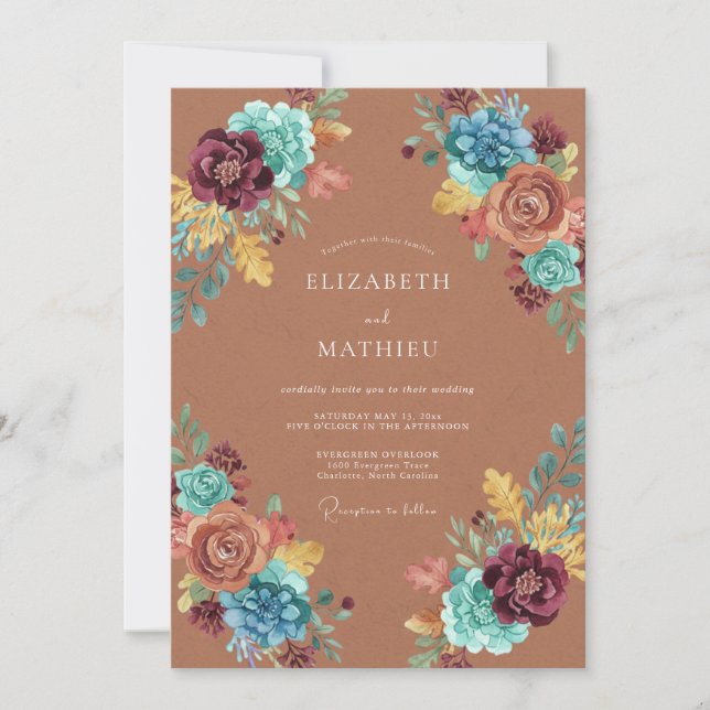 Invitation Mariage Floral Botanique Sarcelle Terracotta (Devant)
