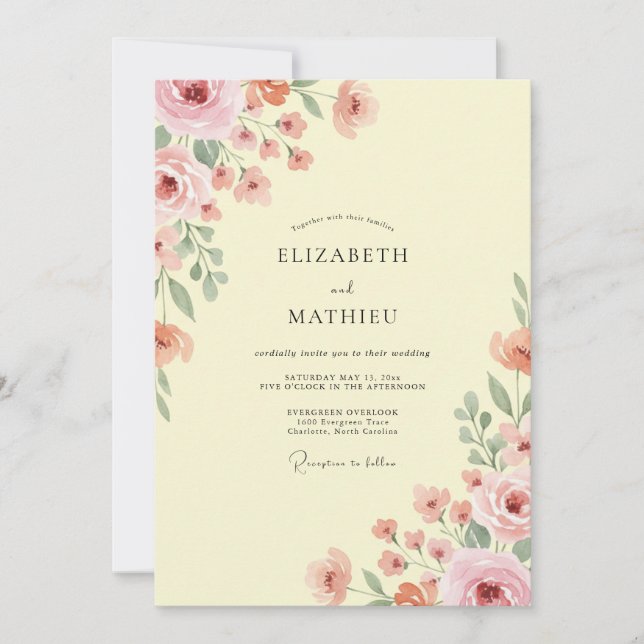 Invitation Mariage Floral Botanique Teint de Citron (Devant)