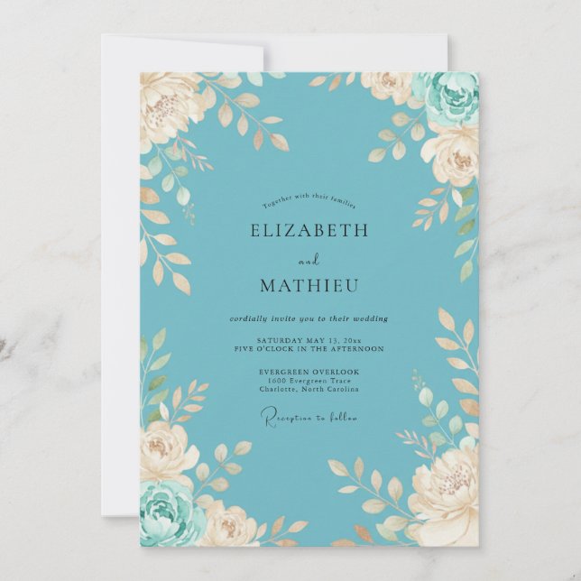 Invitation Mariage Floral Botanique Teinte de Bleu Vert (Devant)