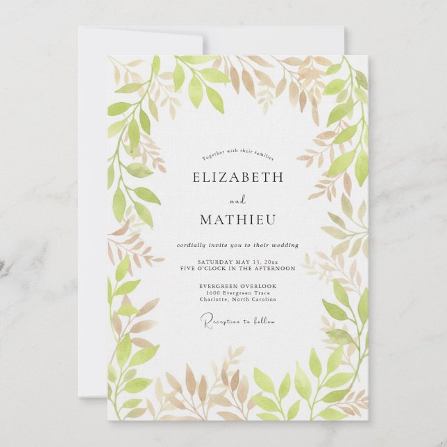 Invitation Mariage Floral Botanique Vert Pâle (Devant)