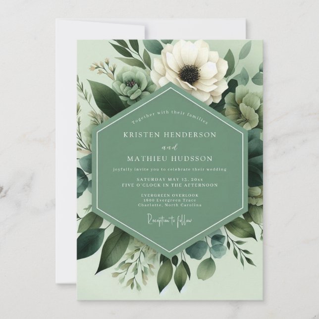 Invitation Mariage Floral Botanique Vert Sauge (Devant)