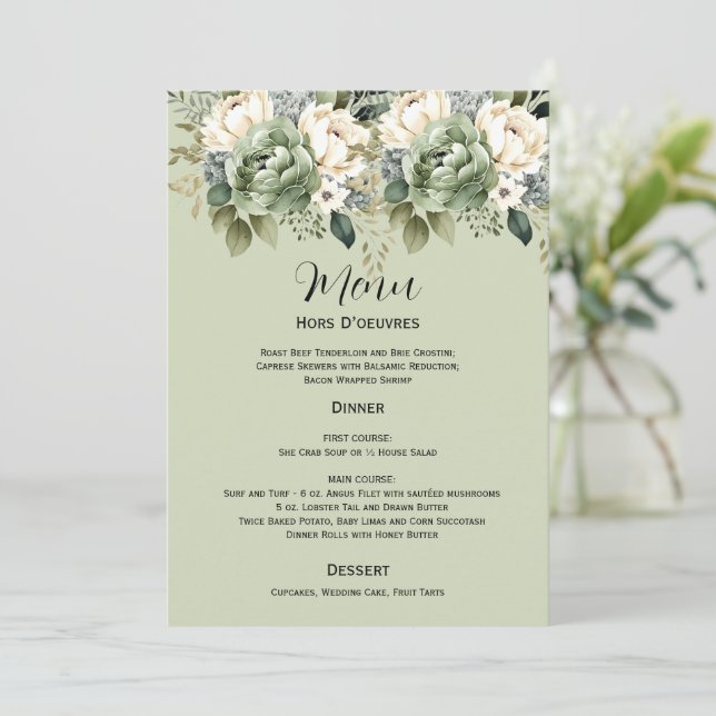 Invitation Mariage Floral Botanique Vert Sauge | Menu (Debout devant)