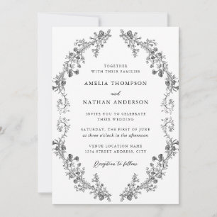 Invitation Mariage Floral Botanique Vintage Noir Blanc