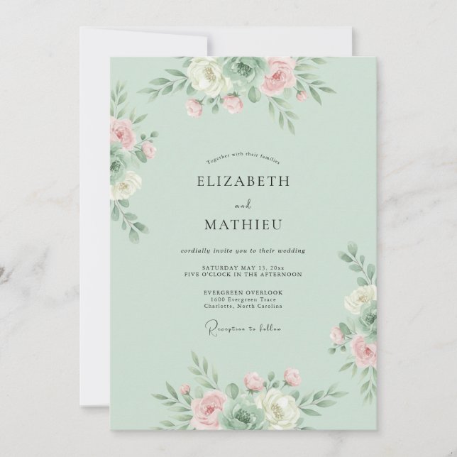 Invitation Mariage Floral Bouffant Menthe Rosée (Devant)