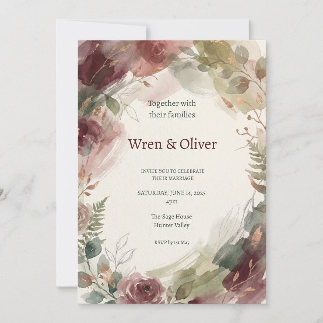 Invitation Mariage Floral Bourgogne (Devant)