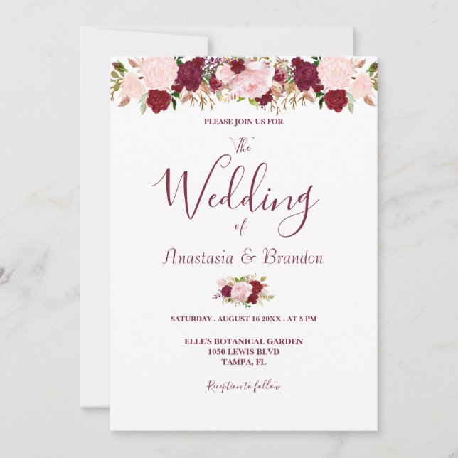 Invitation Mariage Floral Bourgogne (Devant)