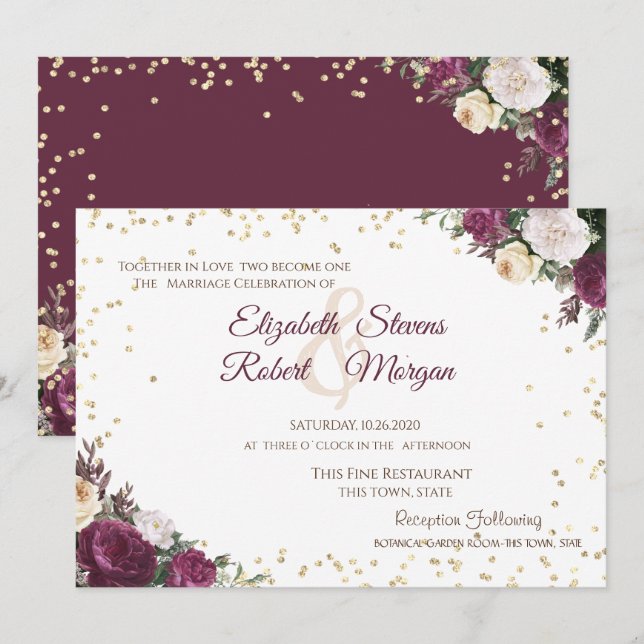 Invitation Mariage Floral Bourgogne Diamants Or (Devant / Derrière)