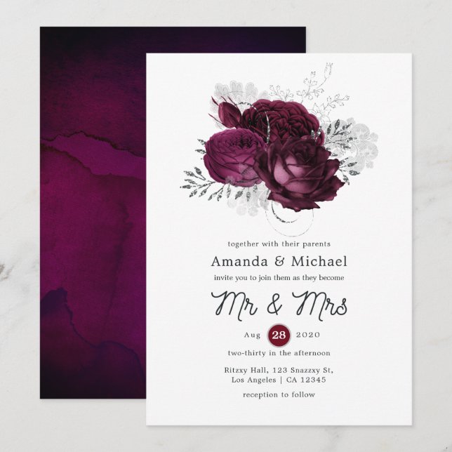 Invitation Mariage Floral Bourgogne et Argent (Devant / Derrière)
