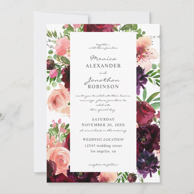 Invitation Mariage floral Bourgogne et Blush sur blanc V2 (Devant)