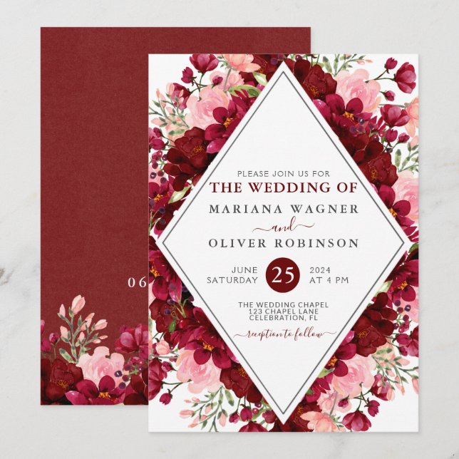 Invitation Mariage floral Bourgogne et rose (Devant / Derrière)