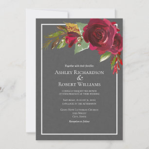 Invitation Mariage Floral Bourgogne Lin Moderne Gris Foncé