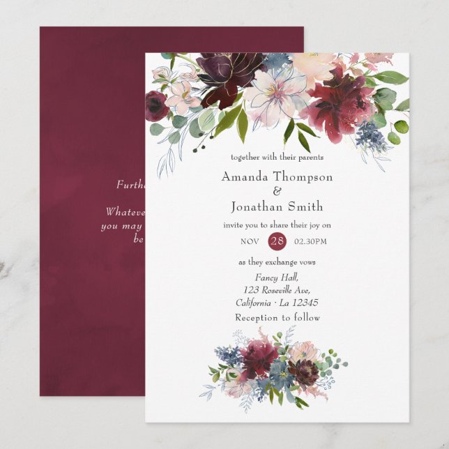 Invitation Mariage floral Bourgogne, Navy et rose blush (Devant / Derrière)