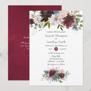 Invitation Mariage floral Bourgogne, Navy et rose blush