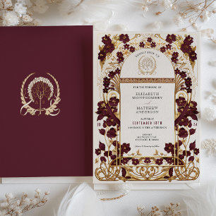 Invitation Mariage Floral Bourgogne & Or Antique