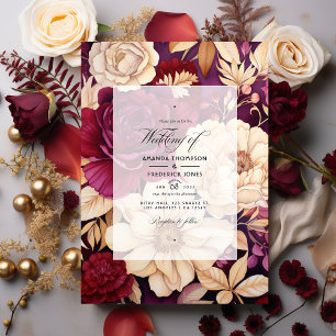 Invitation Mariage floral Bourgogne, Or et Ivoire