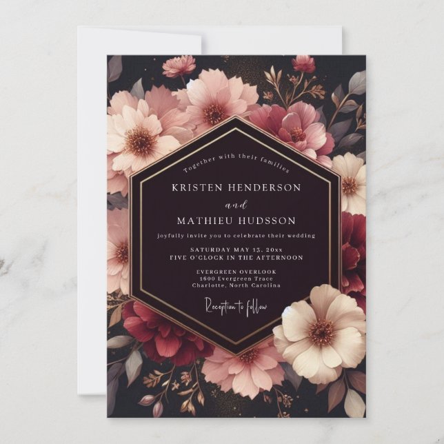 Invitation Mariage Floral Bourgogne Profond Opulent (Devant)