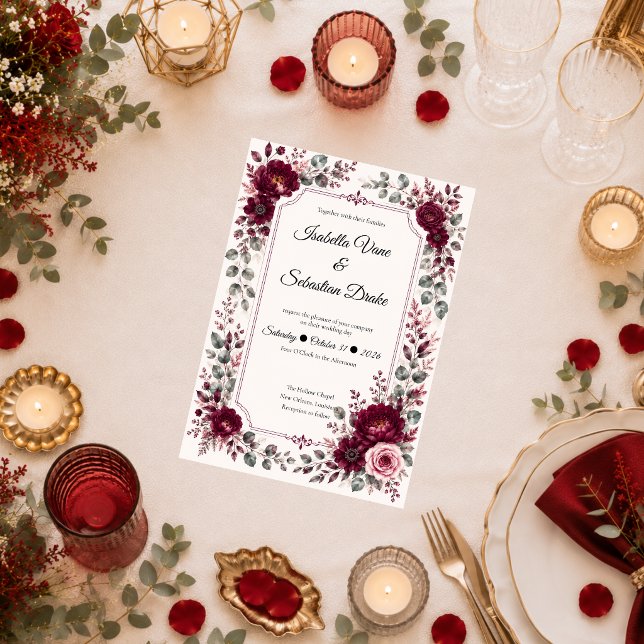 Invitation Mariage Floral Bourgogne Vintage (Créateur téléchargé)
