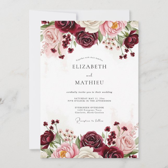 Invitation Mariage Floral Bourguignon (Devant)