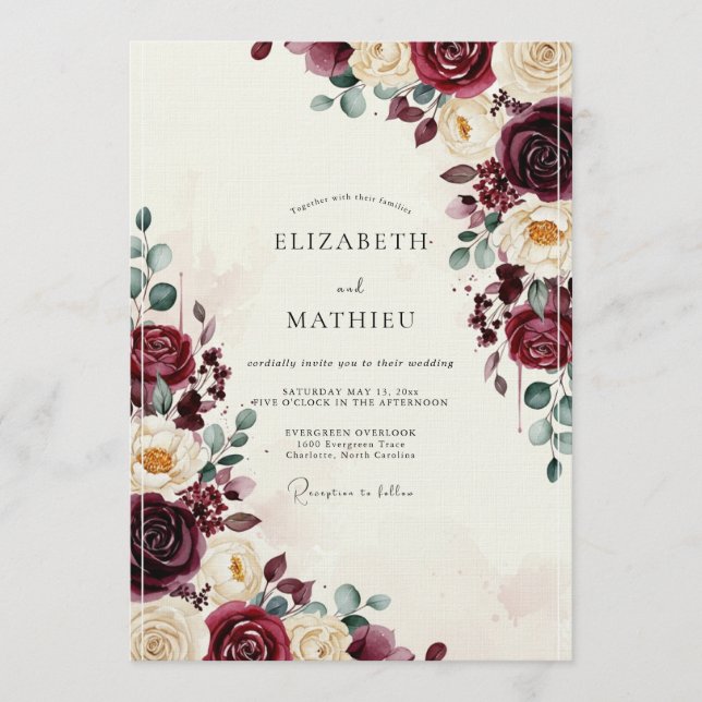 Invitation Mariage Floral Bourguignon (Devant)