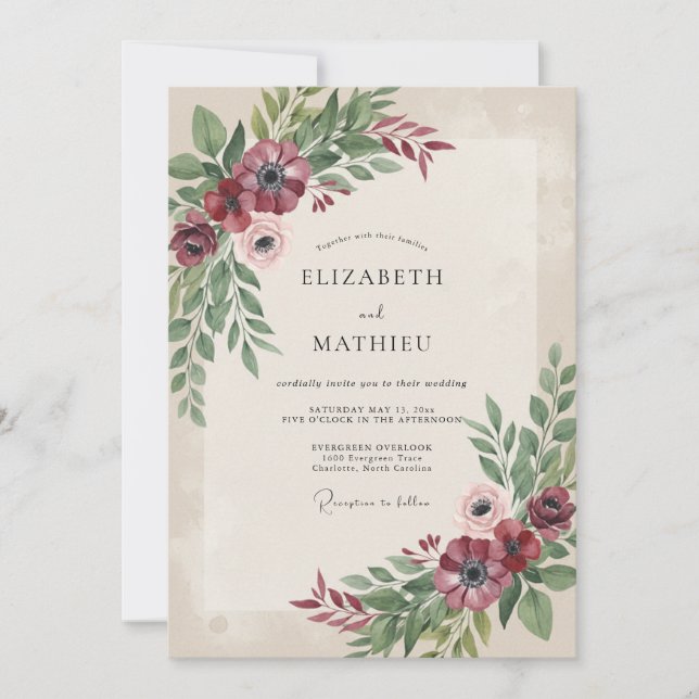 Invitation Mariage Floral Bourguignon Assourdi (Devant)