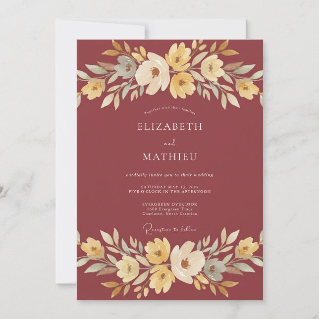 Invitation Mariage Floral Bourguignon Automnal (Devant)