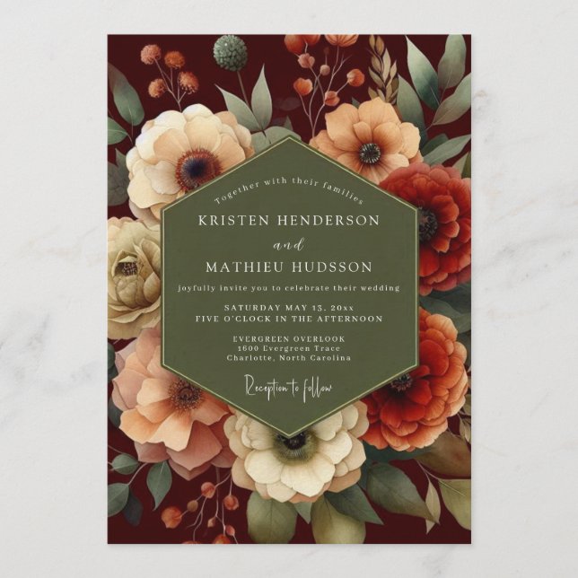 Invitation Mariage Floral Bourguignon aux Pêches (Devant)