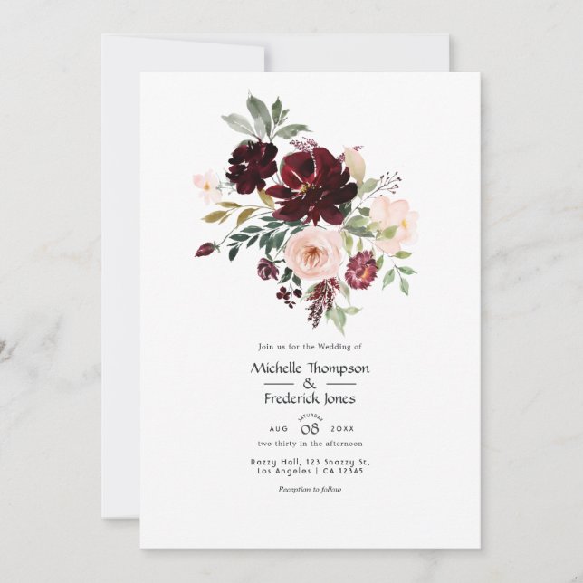 Invitation Mariage Floral Bourguignon Baies et Rose (Devant)