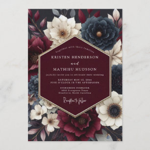 Invitation Mariage Floral Bourguignon & Bleu Maussade