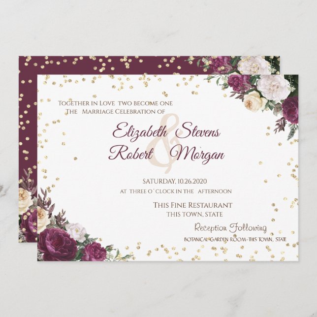 Invitation Mariage Floral Bourguignon Diamants Dorés (Devant / Derrière)