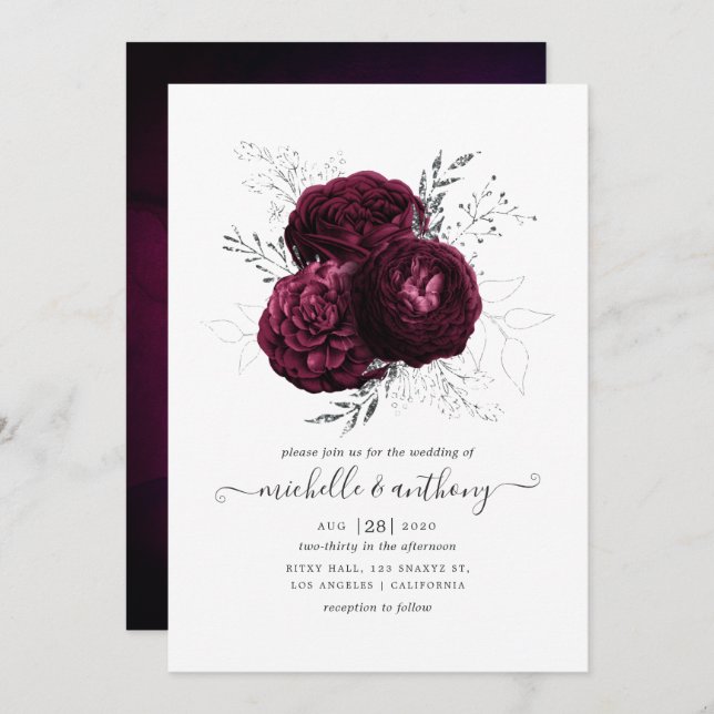 Invitation Mariage floral bourguignon et argenté (Devant / Derrière)