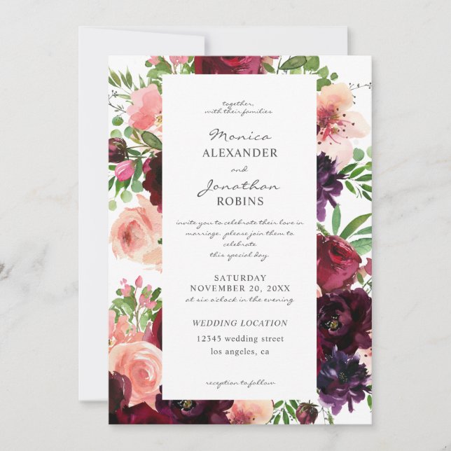 Invitation Mariage Floral Bourguignon et Blush (Devant)
