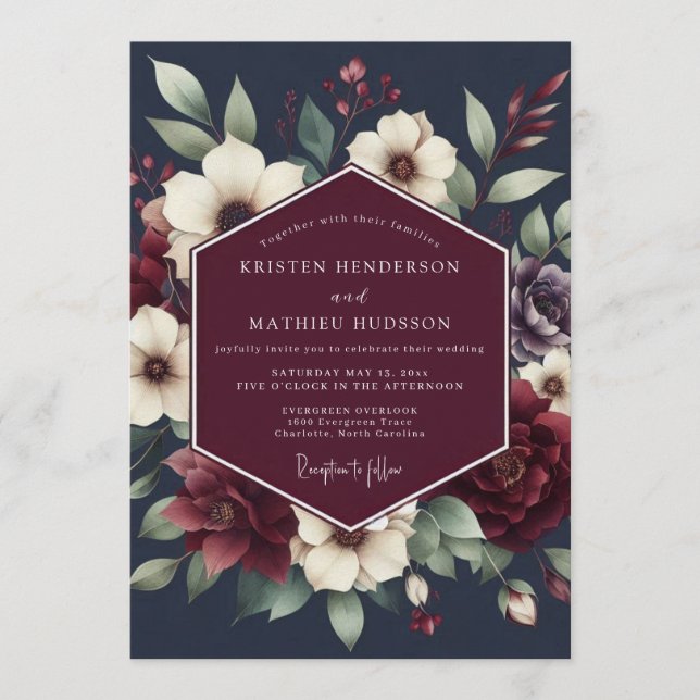 Invitation Mariage Floral Bourguignon et Nuit (Devant)