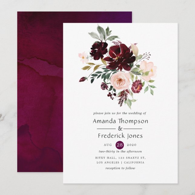 Invitation Mariage Floral Bourguignon et Rose (Devant / Derrière)