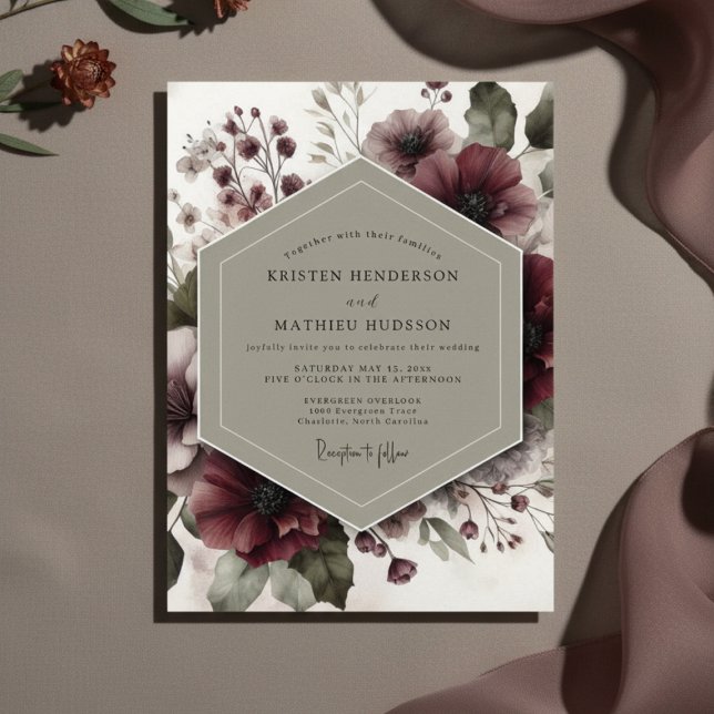 Invitation Mariage Floral Bourguignon Éthéré (Créateur téléchargé)